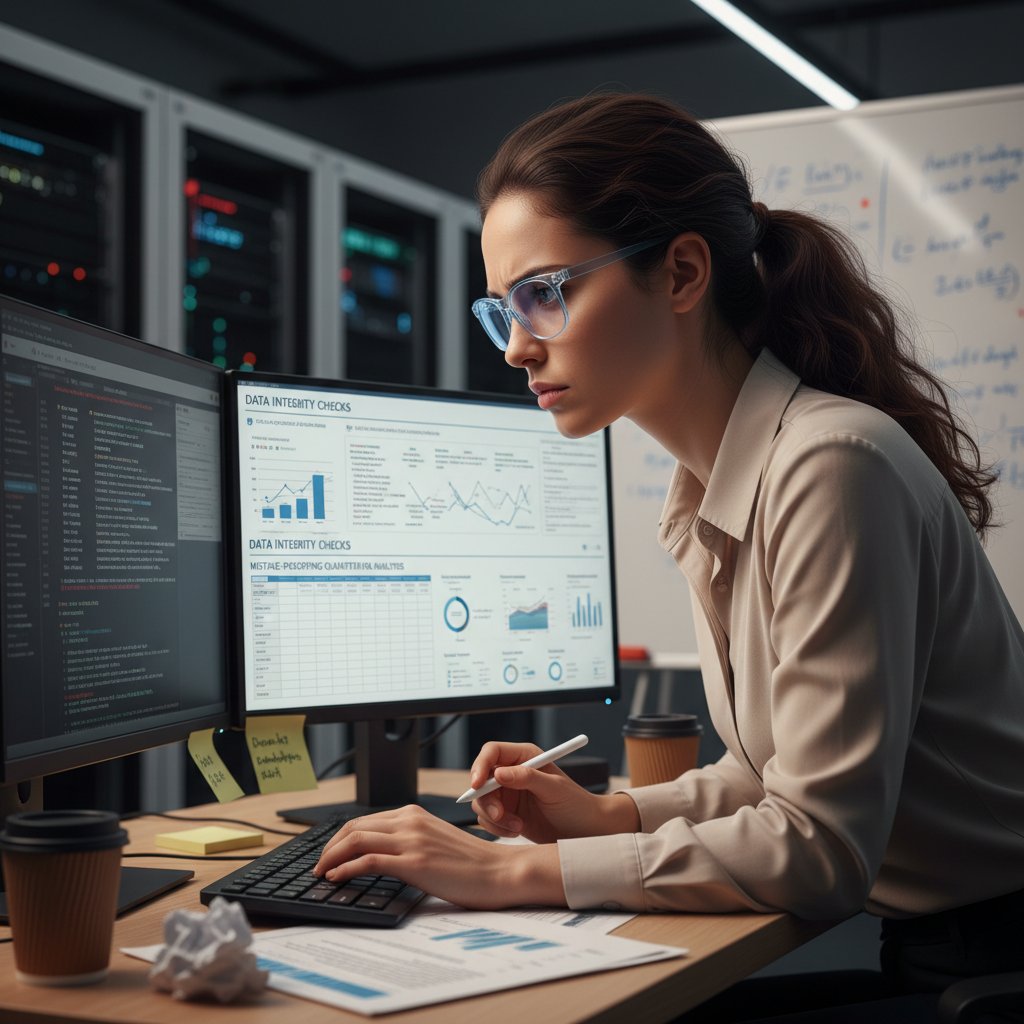 Focused analyst setting up data integrity checks on computer, mistake-proofing analysis