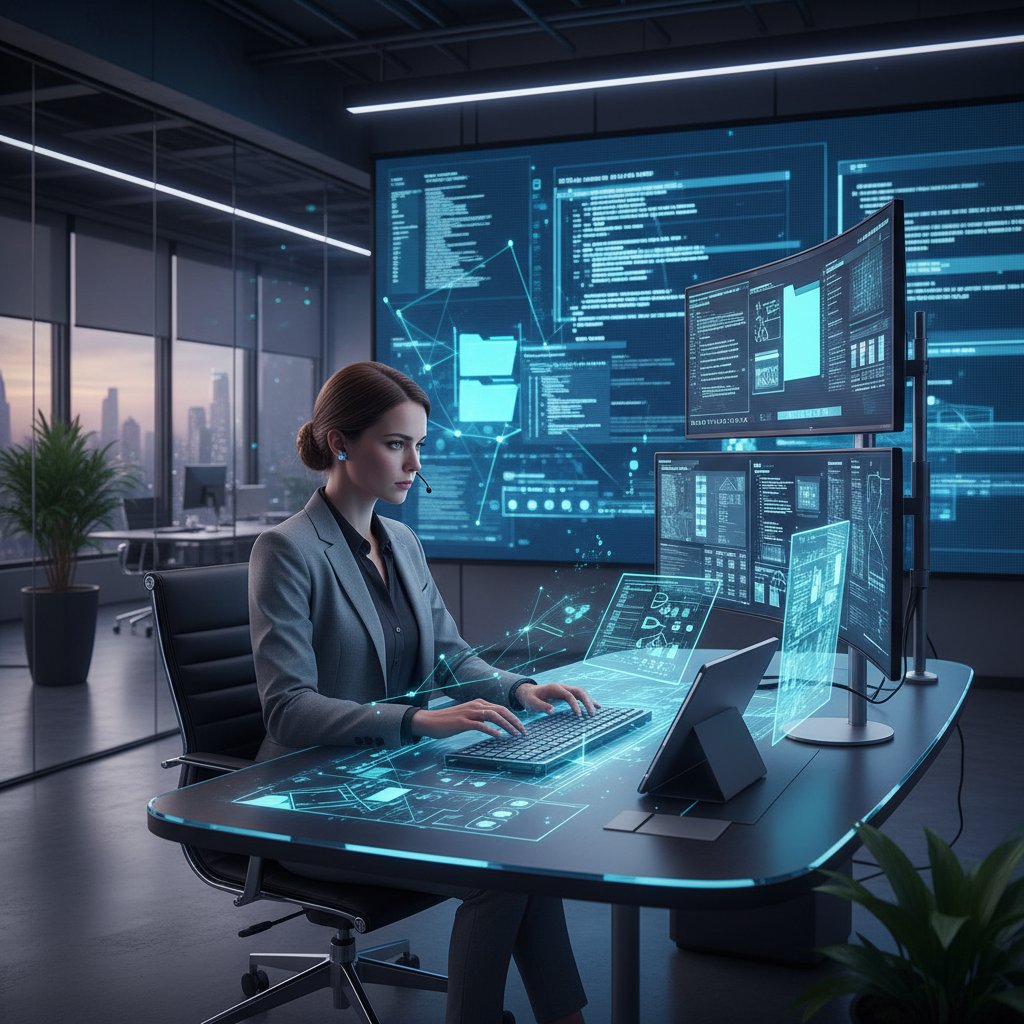 Focused document administrator at work, managing digital files in a modern office