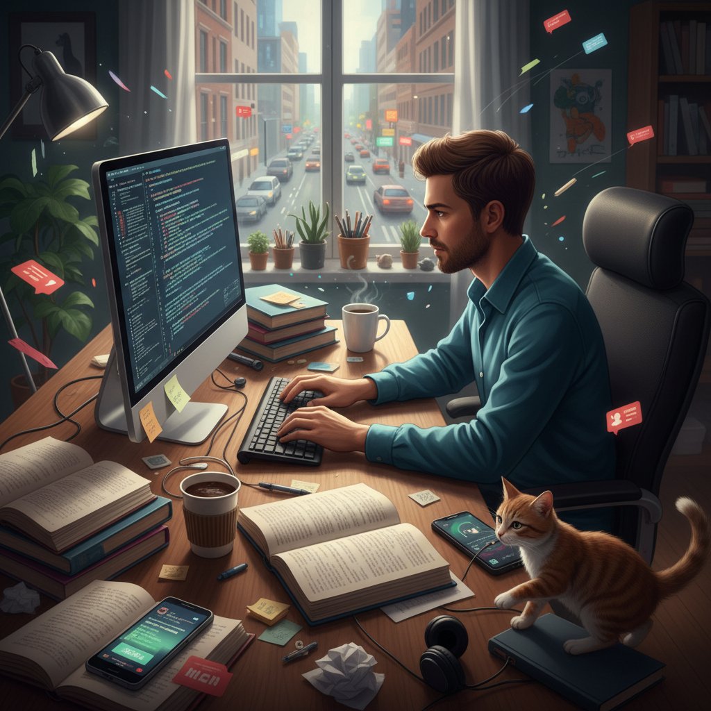 Zdjęcie osoby skupionej na jednym zadaniu, otoczonej rozpraszaczami, słowa kluczowe: koncentracja, praca