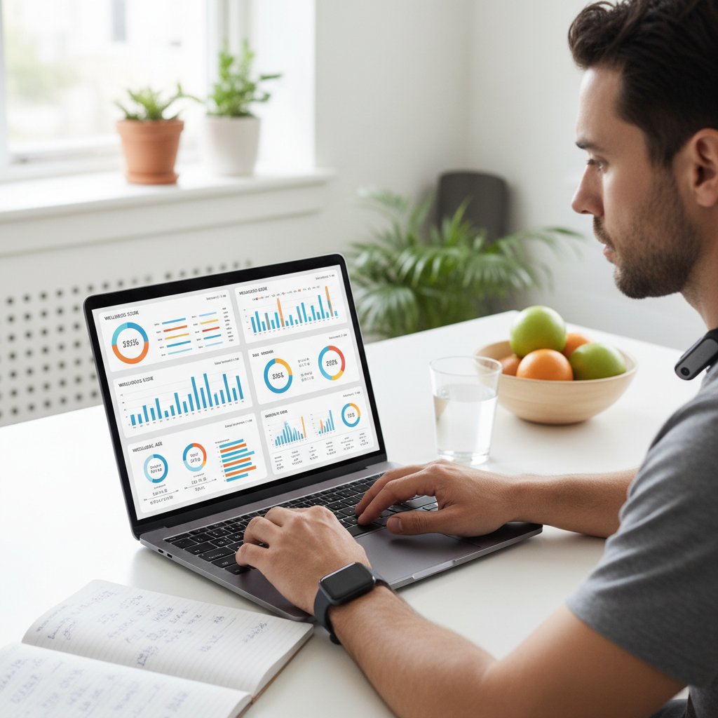 Osoba analizująca otrzymany wynik na laptopie, skupienie, objawy online