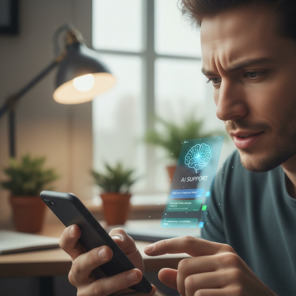 Osoba wpatrzona w ekran smartfona, na ekranie otwarty czat z AI, atmosfera skupienia i ulgi, ilustracja wsparcia emocjonalnego AI