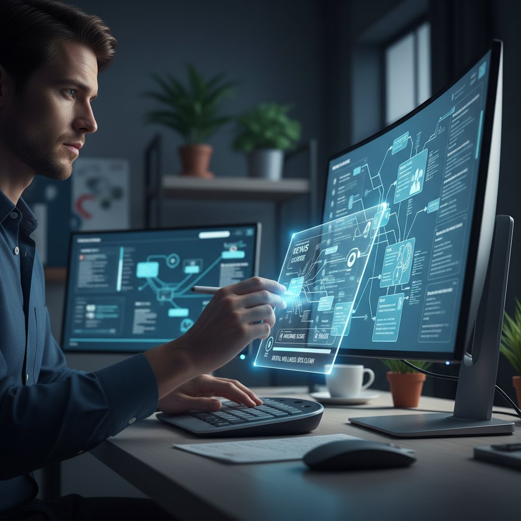 Osoba w skupieniu selekcjonująca newsy przy komputerze, przykładowa higiena cyfrowa