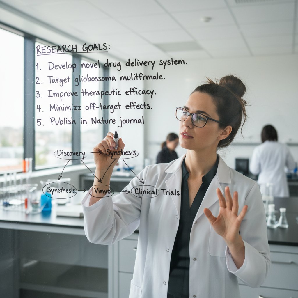 Focused researcher writing goals on glass wall, symbolizing bulletproof academic aims