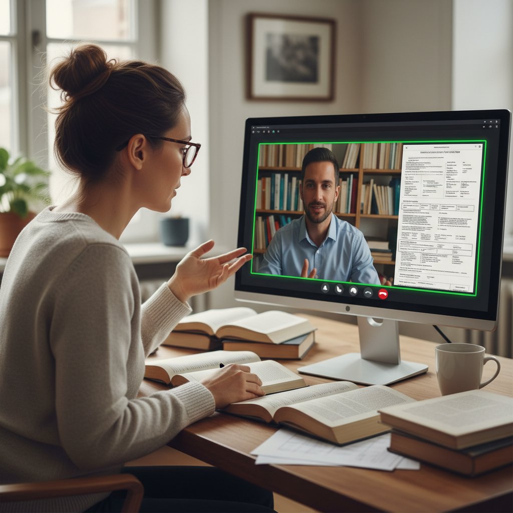 Focused researcher on video call, sharing documents with online expert consultant