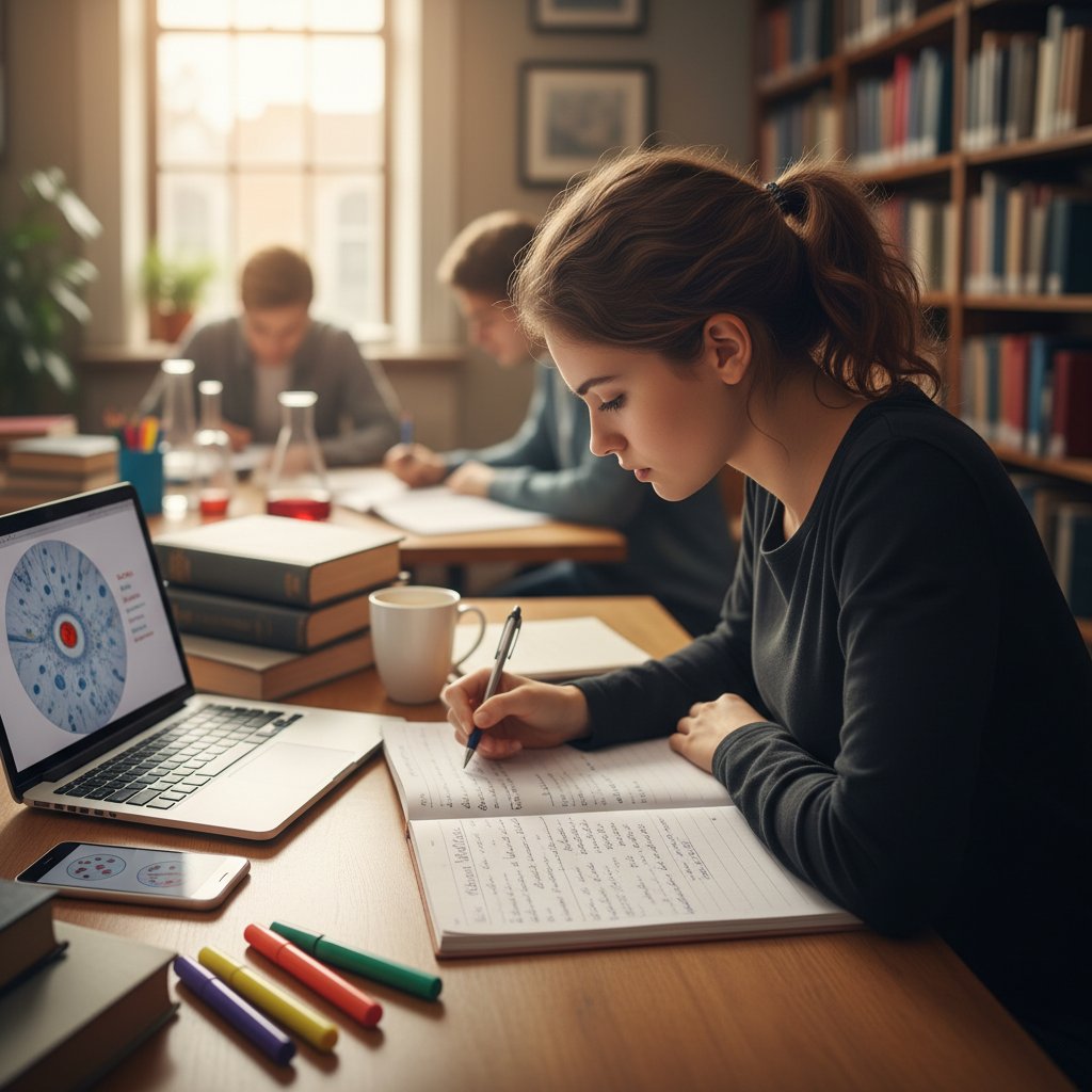 Skoncentrowana studentka korzysta z notatek, laptopa i smartfona do nauki biologii online