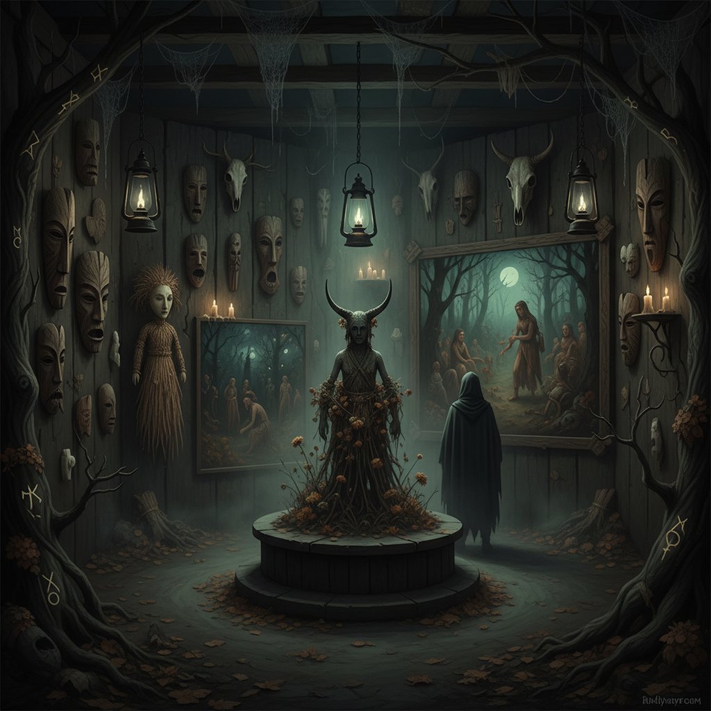 Gallery exhibit inspired by folk horror aesthetics, echoing Eggers’ influence