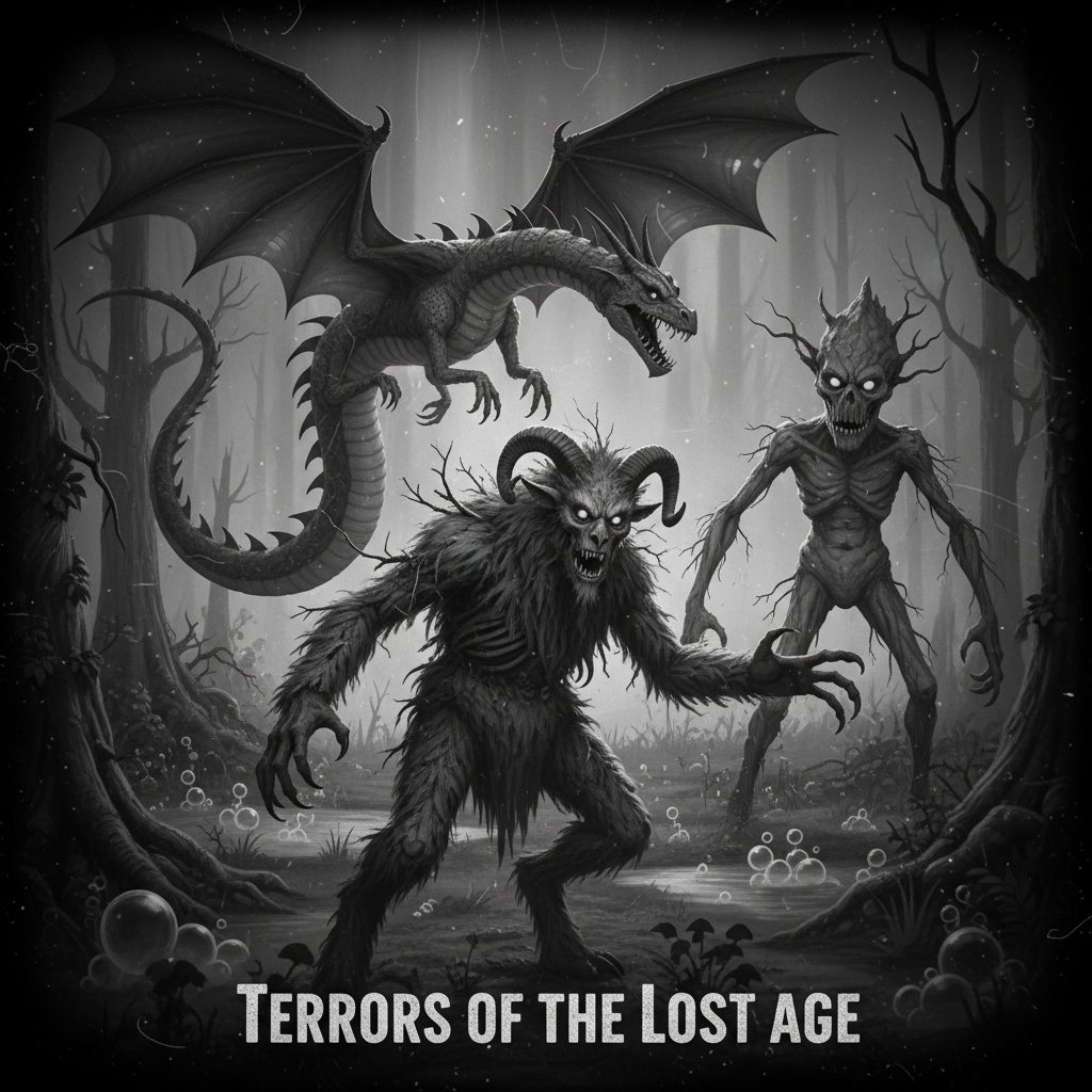 Collage of folkloric monsters and early film creatures, vintage style, rich textures, 16:9