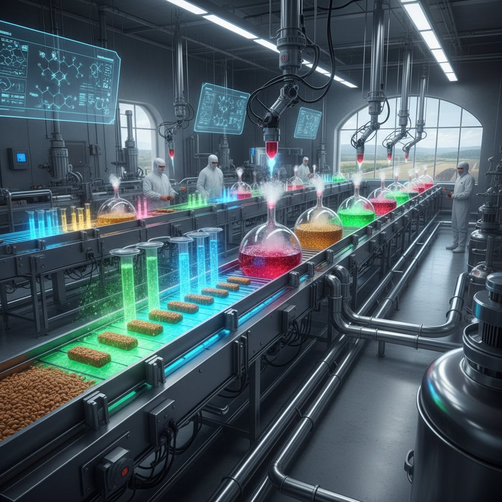Linia produkcyjna w fabryce spożywczej z widocznymi procesami reakcji chemicznych