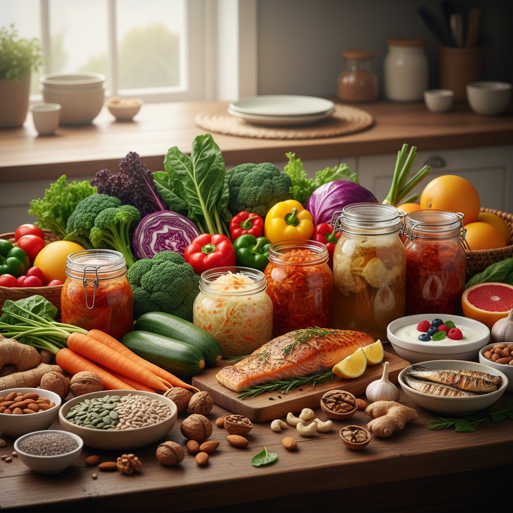 Produkty spożywcze na odporność, kolorowa kompozycja, świeże warzywa, kiszonki, ryby, orzechy
