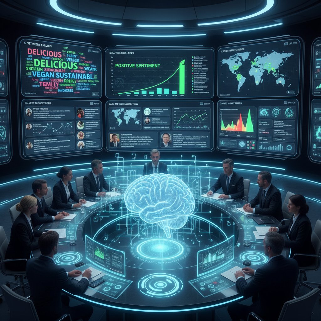 Menadżerowie w branży spożywczej analizujący opinie klientów i trendy rynkowe za pomocą AI