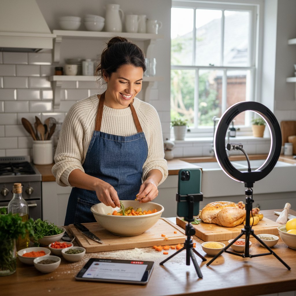 Influencer kulinarny tworzący efektowne, ale proste dania w domowej kuchni, przygotowanie pod social media