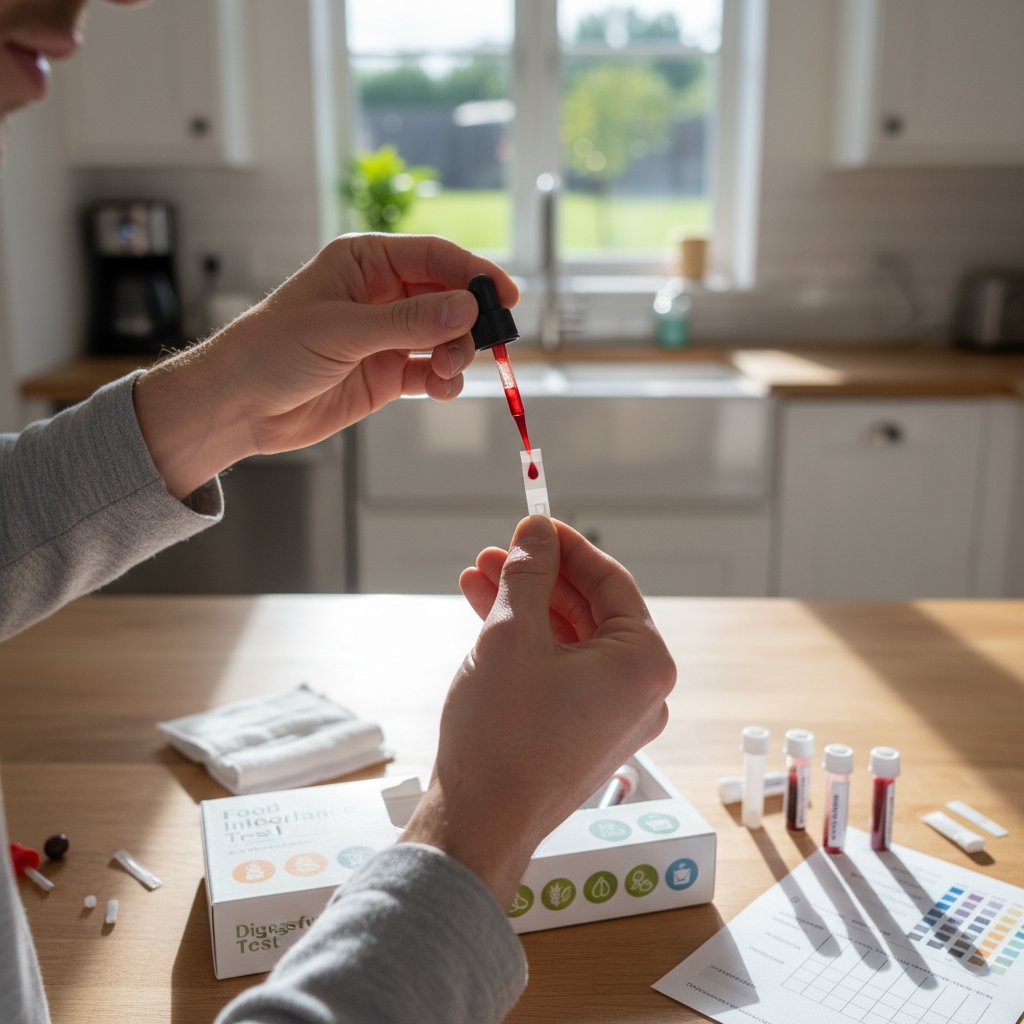 Test nietolerancji pokarmowych w domowej kuchni, zestaw testowy, produkty spożywcze, osoba trzymająca próbkę krwi