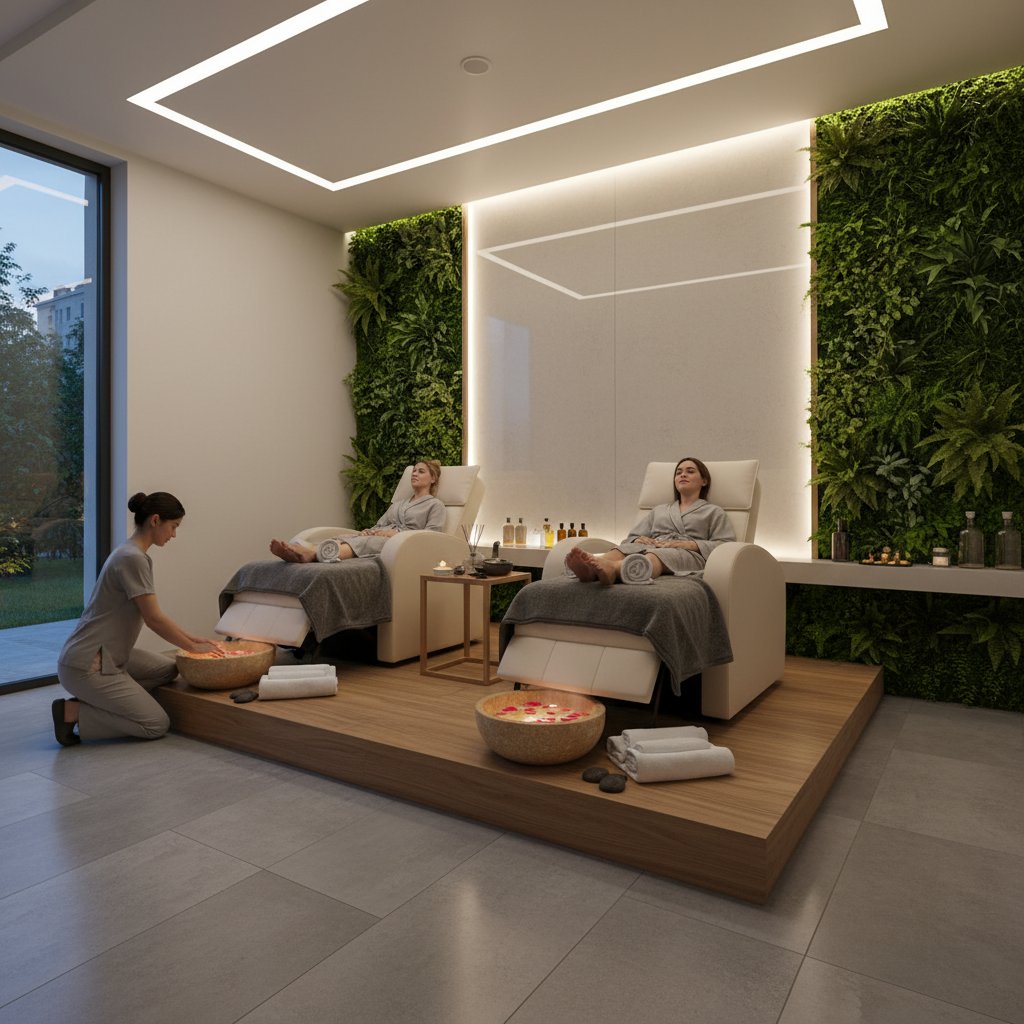 Zabieg refleksologii w nowoczesnym gabinecie, stopa klienta w centrum uwagi