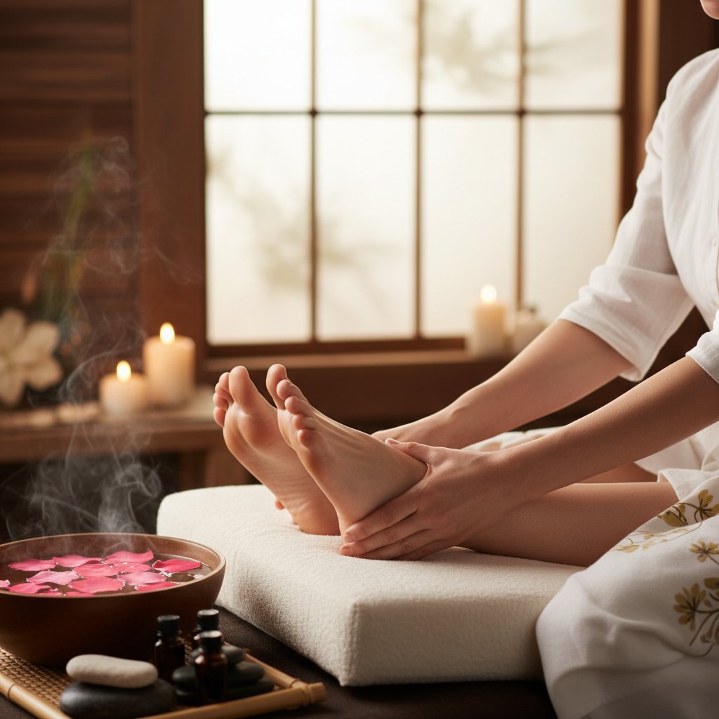 Zabieg refleksologii w polskim SPA, klientka relaksuje się podczas terapii stóp