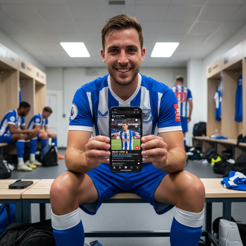 Piłkarz sprawdzający wiadomości na smartfonie, w tle logo Instagrama i Twittera, dynamiczna scena