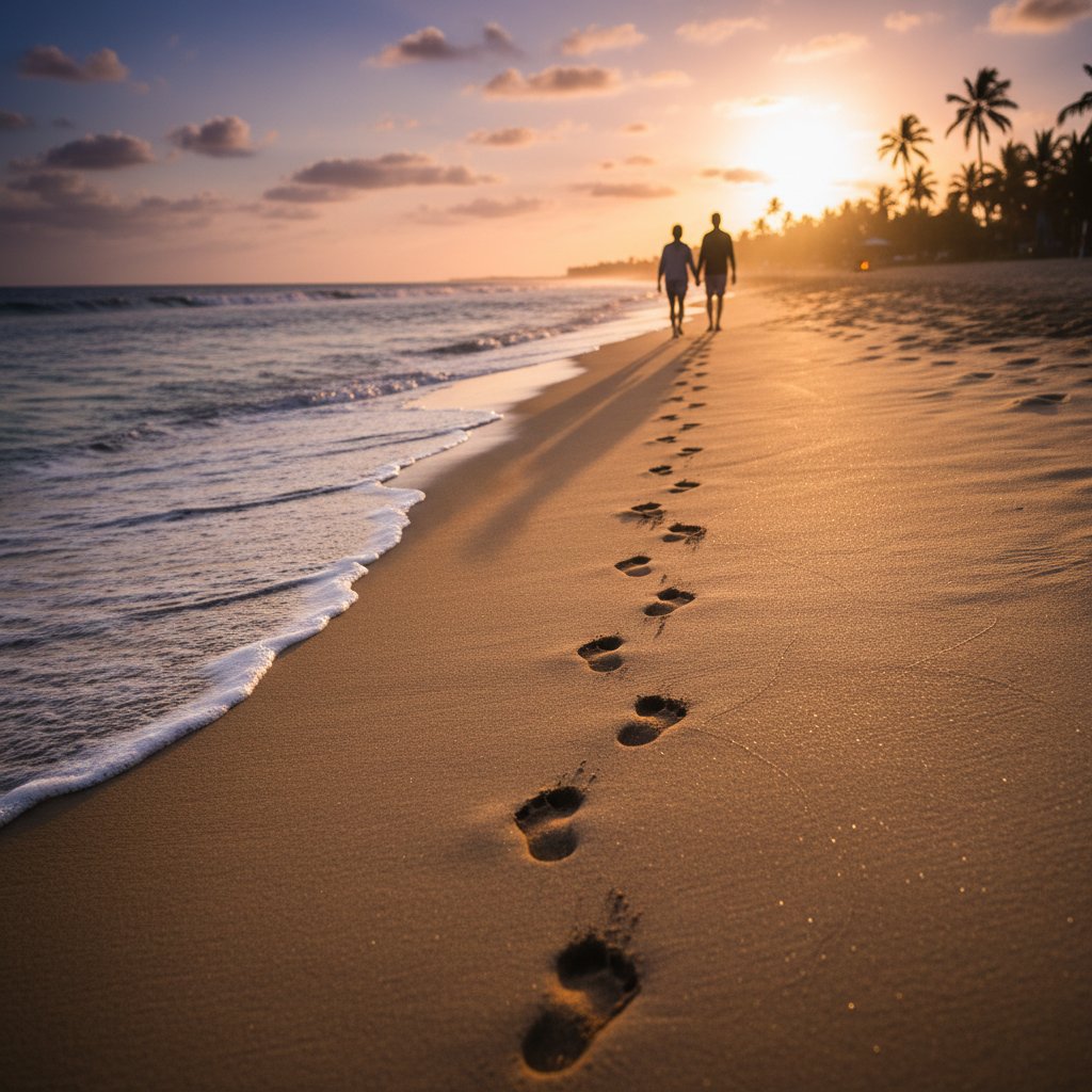 Footprints in sand at dusk, symbolizing fleeting moments in beach movies