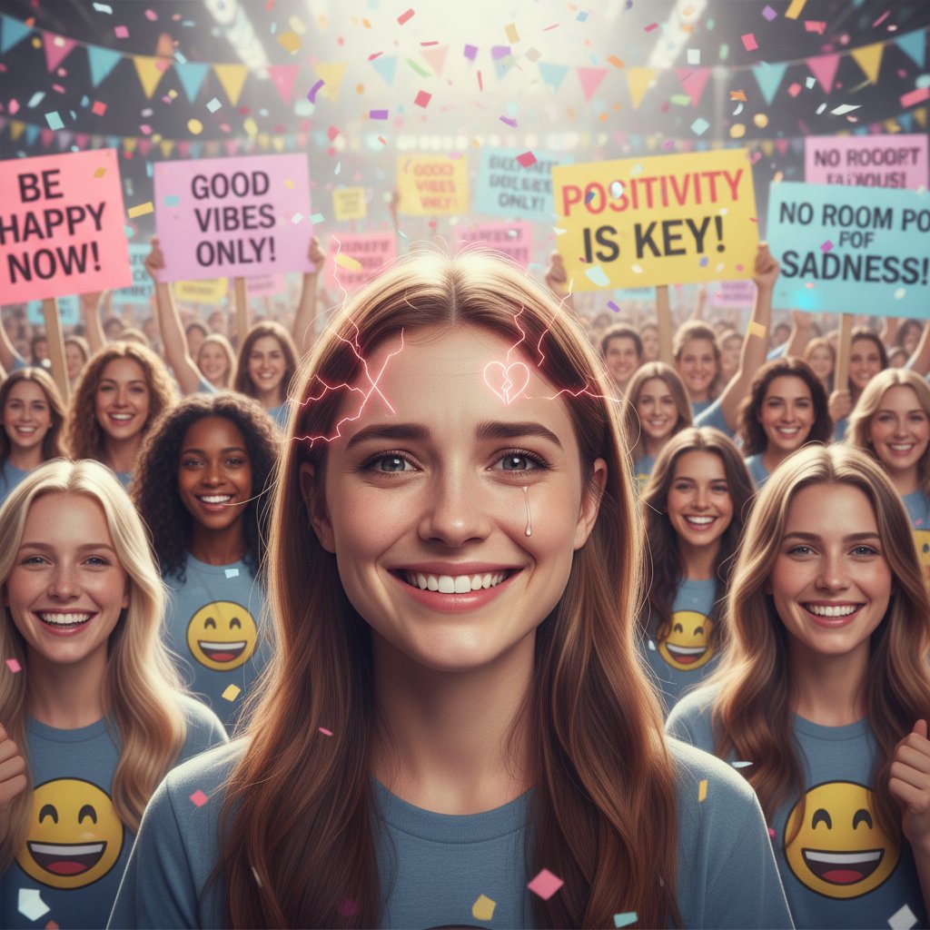 Uśmiechnięta, ale wyraźnie zestresowana osoba w tłumie ludzi, obrazująca toksyczną pozytywność