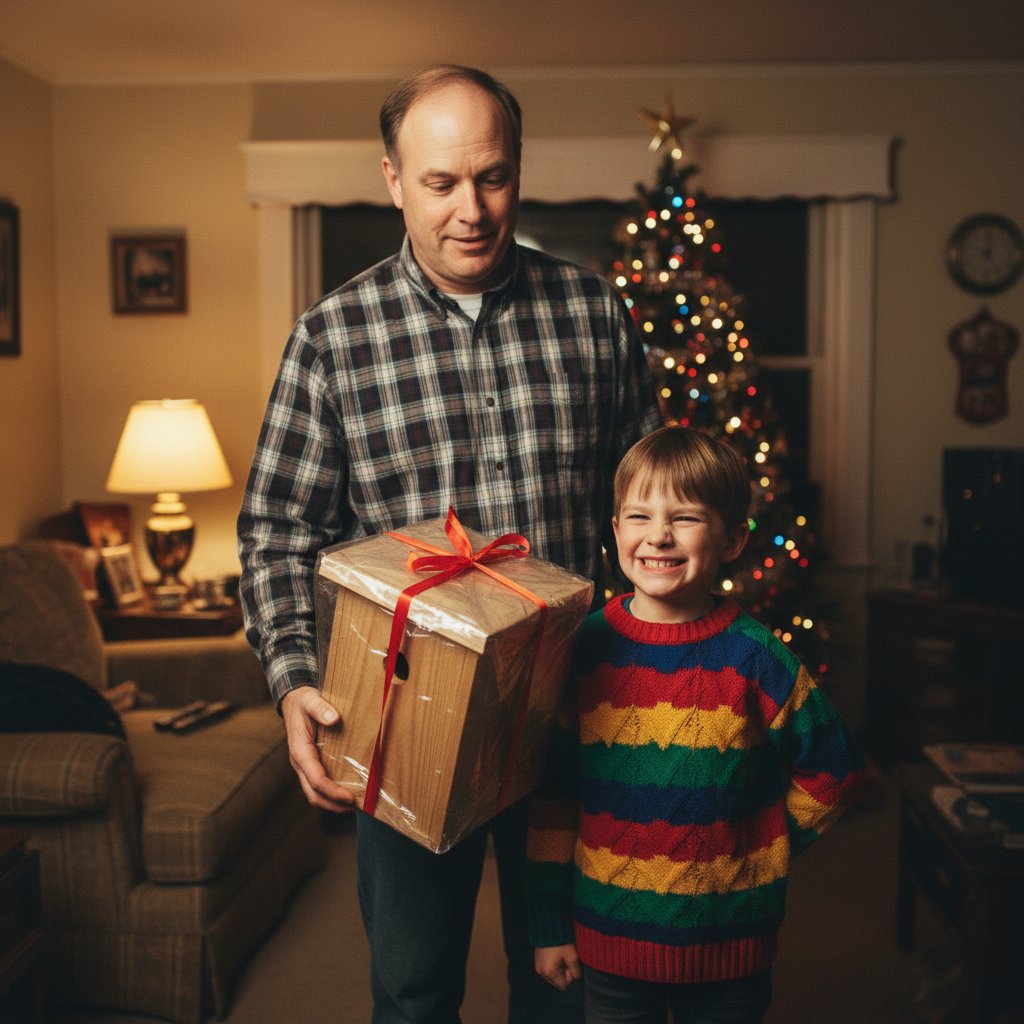 Ojciec z wymuszonym uśmiechem przy otrzymywaniu sztampowego prezentu