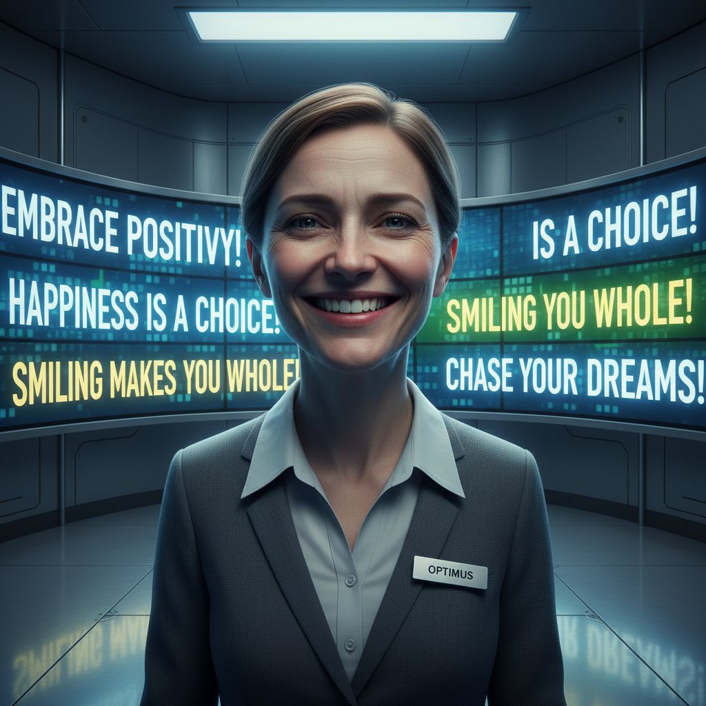 Osoba z wymuszonym uśmiechem, otoczona pozytywnymi hasłami na ekranach