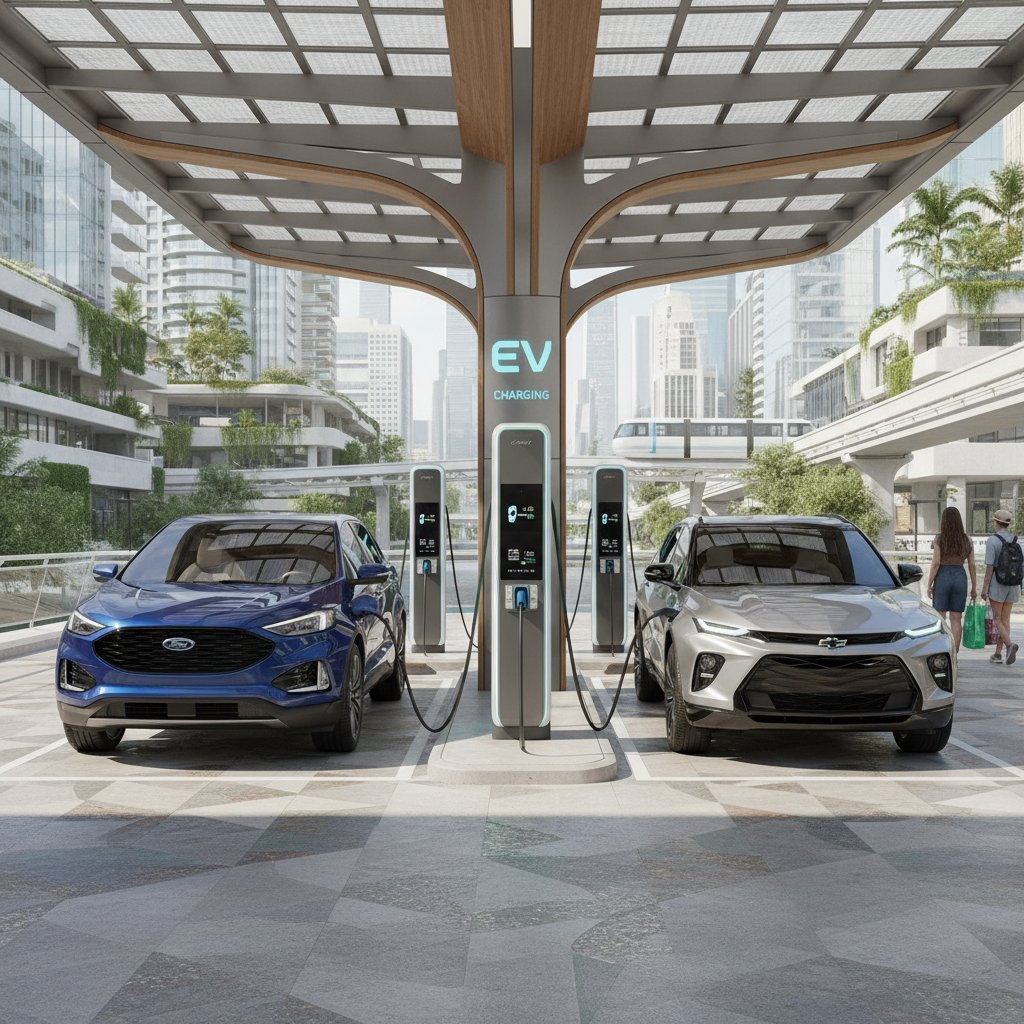 Ford Edge and Chevy Blazer plugged in at a modern EV charging station, 2025 electric SUV comparison