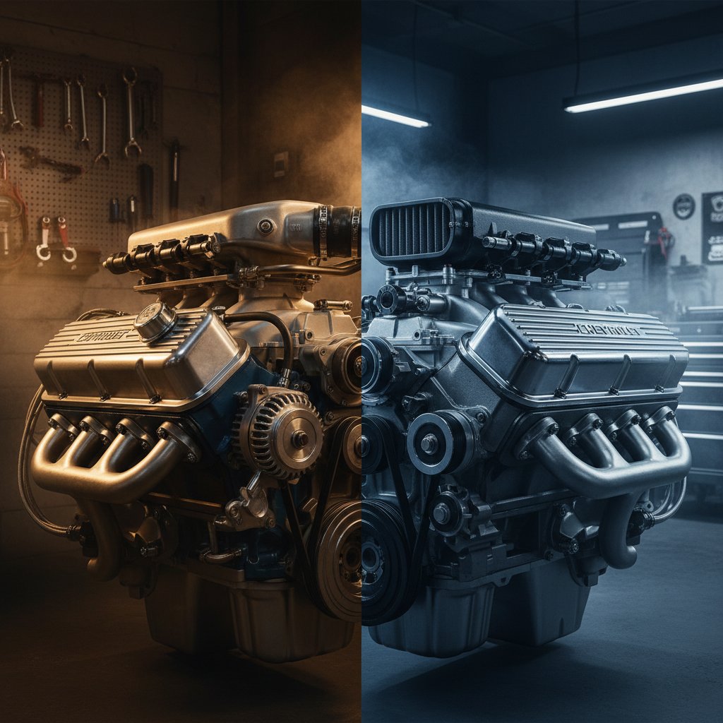 Close-up of Ford and Chevy engines, high detail, dramatic lighting, truck performance comparison