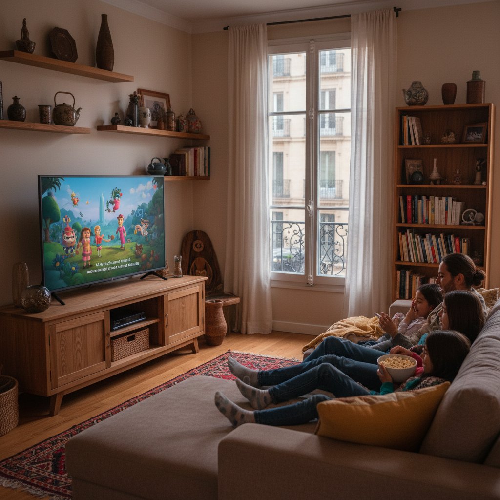 Family enjoying a foreign language animated film in the living room
