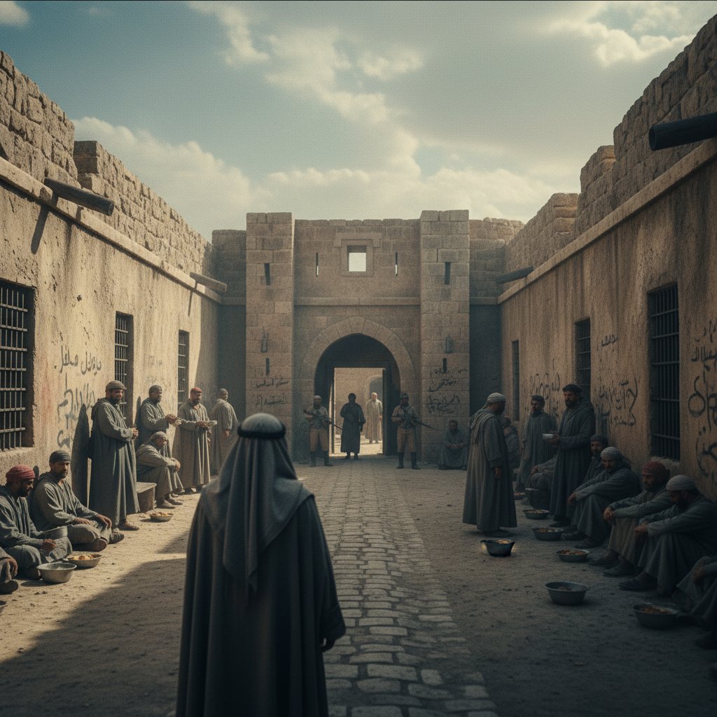 Foreign prison scene from film, atmospheric shot, international setting