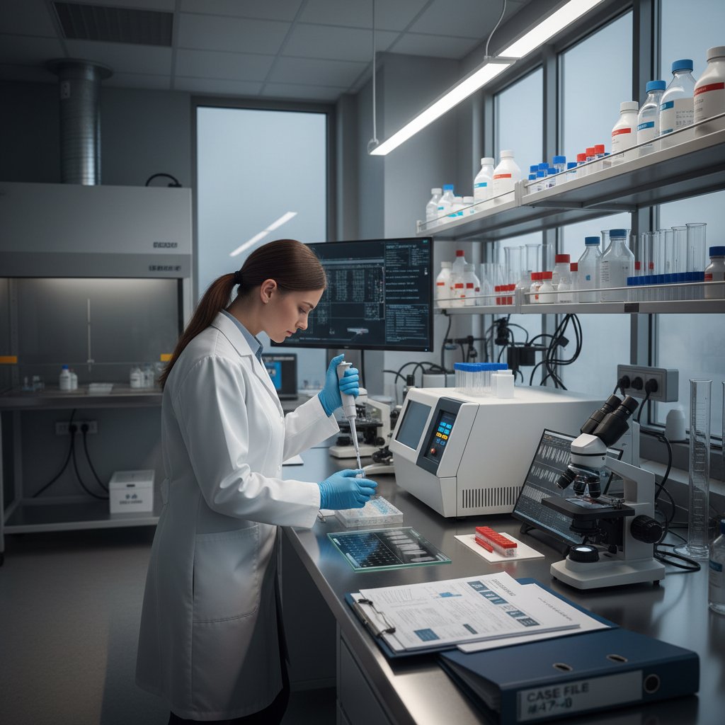 Ekspert kryminalistyki analizujący próbkę DNA w nowoczesnym laboratorium, tło pełne sprzętu i dokumentów