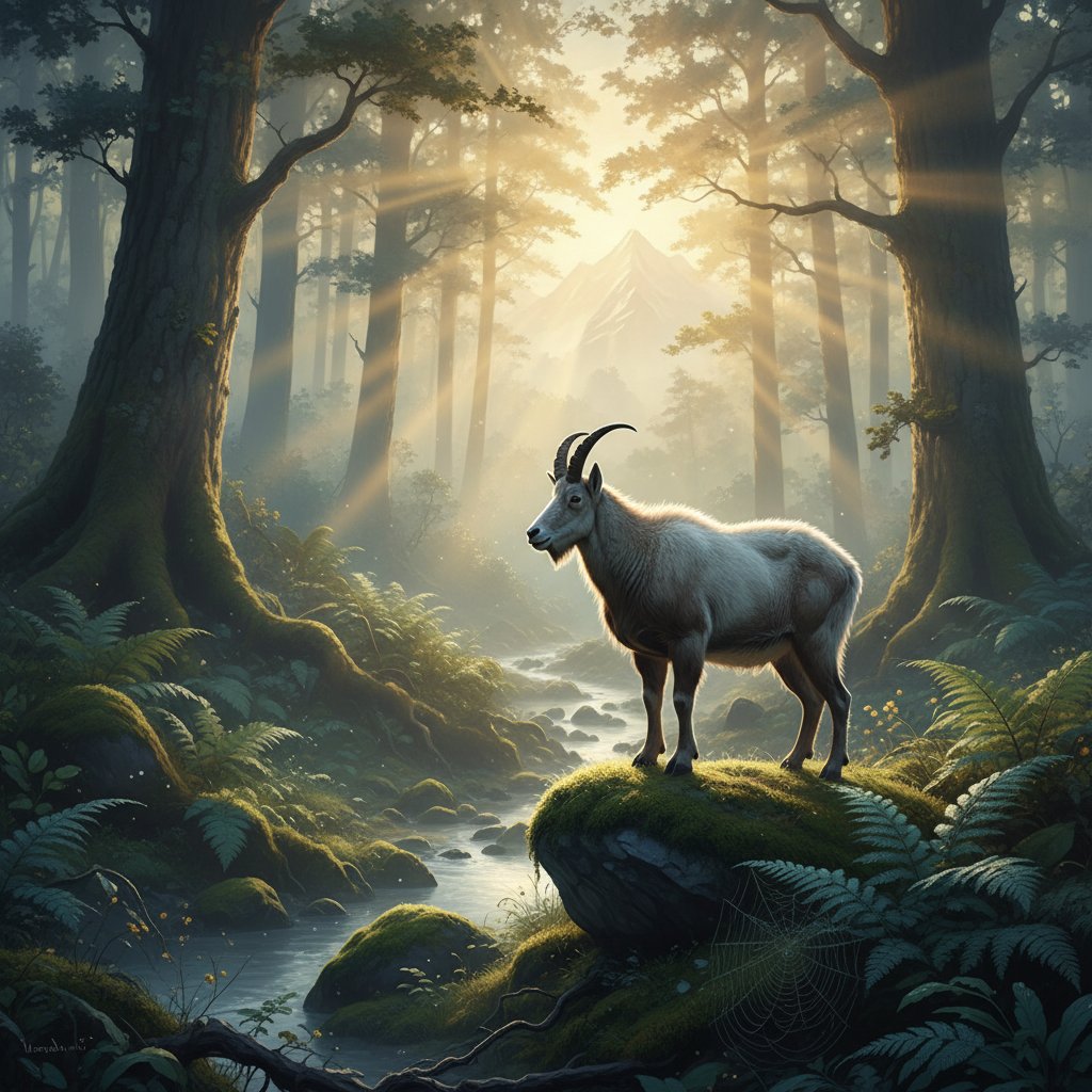 Symbolic forest scene inspired by The Witch, with a lone goat