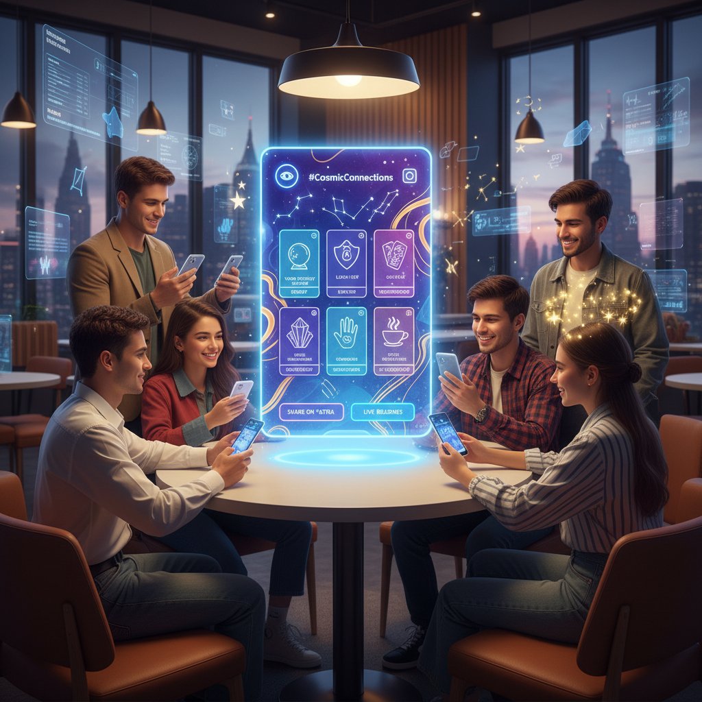 Telefon z aplikacją do przepowiedni dnia, social media, młodzi ludzie w tle, klimat nowoczesności