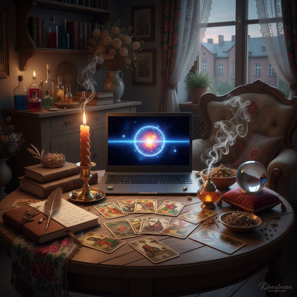 Różne narzędzia wróżbiarskie: karty tarota, komputer, notatki, świeca, polska sceneria