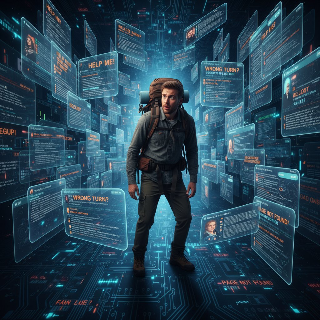 Conceptual image: maze made of forum posts, lost traveler, confusion in travel advice research