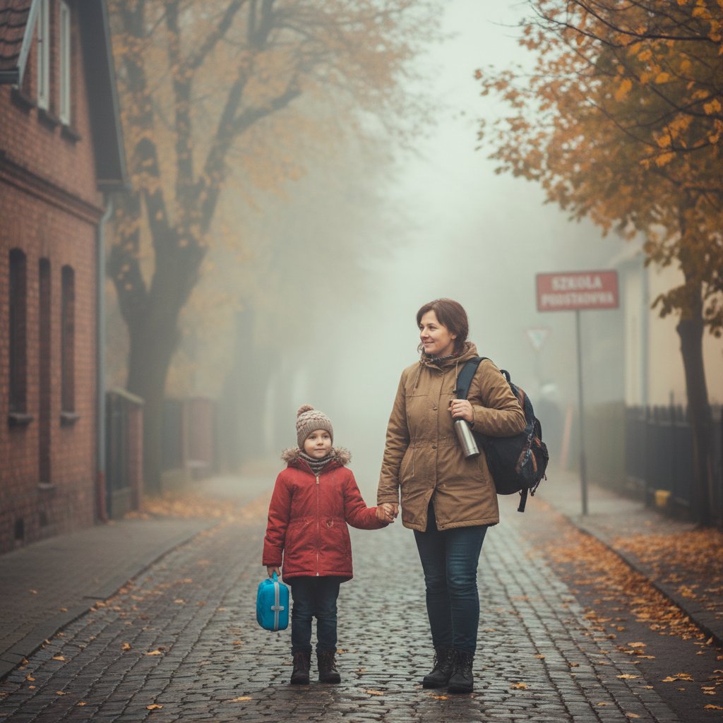 Rodzic zastępczy odprowadza dziecko do szkoły w mglistym polskim przedmieściu, jesienny poranek