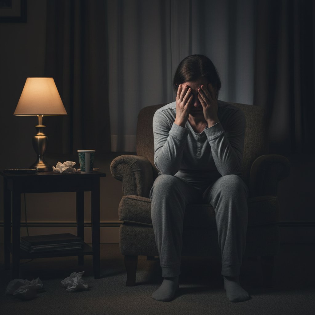 Rodzic zastępczy samotnie w przygaszonym pokoju, dłonie na twarzy, ciężka atmosfera – koszty emocjonalne