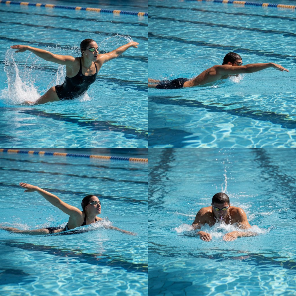 Cztery style pływackie pokazane w jednym basenie