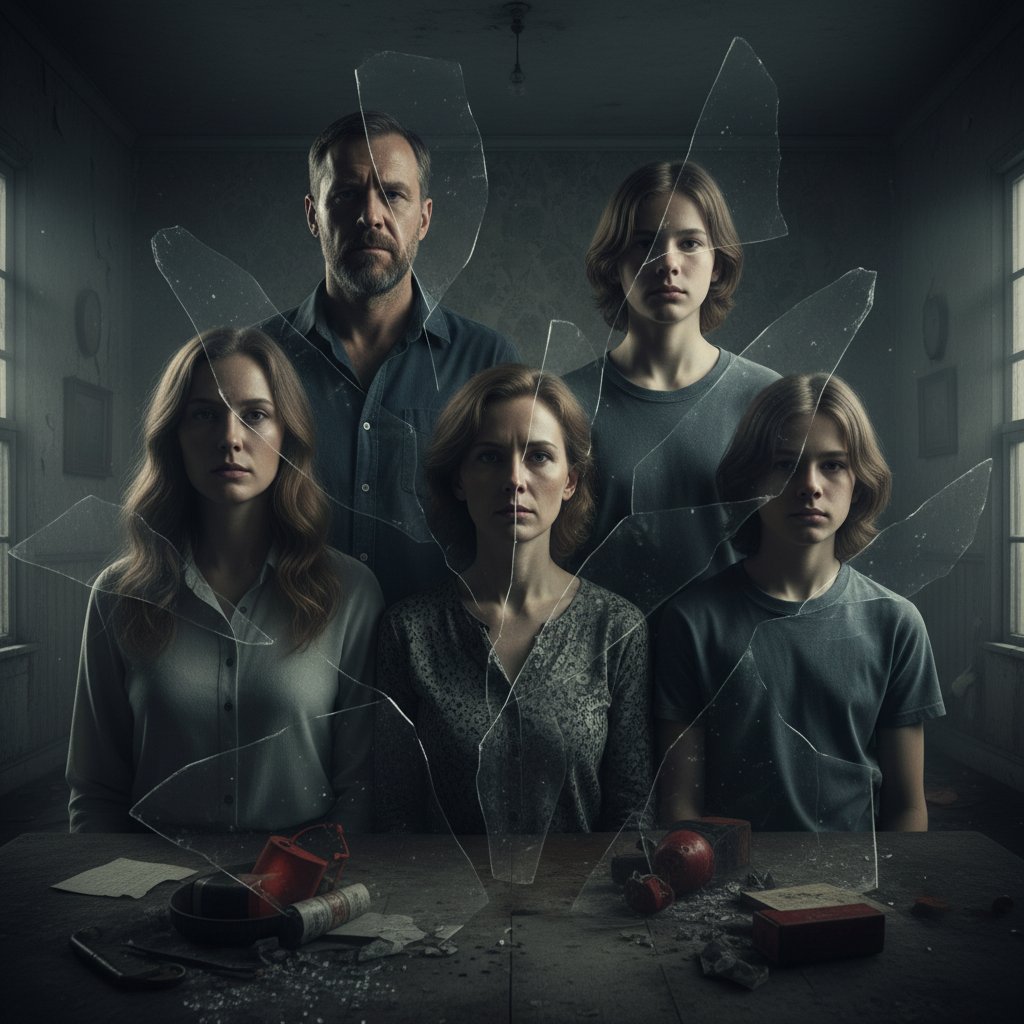 Portret rodziny z widocznymi pęknięciami symbolizującymi toksyczność i rozpad więzi