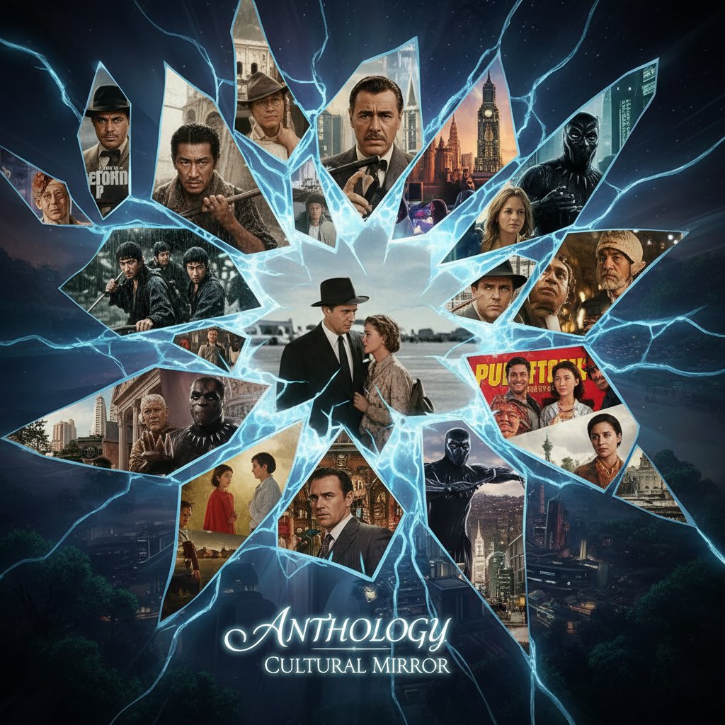 Abstract symbolic photo of a fractured mirror reflecting diverse movie scenes, anthology movies as cultural mirror