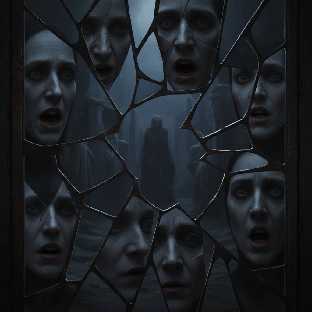 Rozbite lustro odbijające wiele wersji tej samej osoby, ciemna symbolika nadmiernej kongruencji