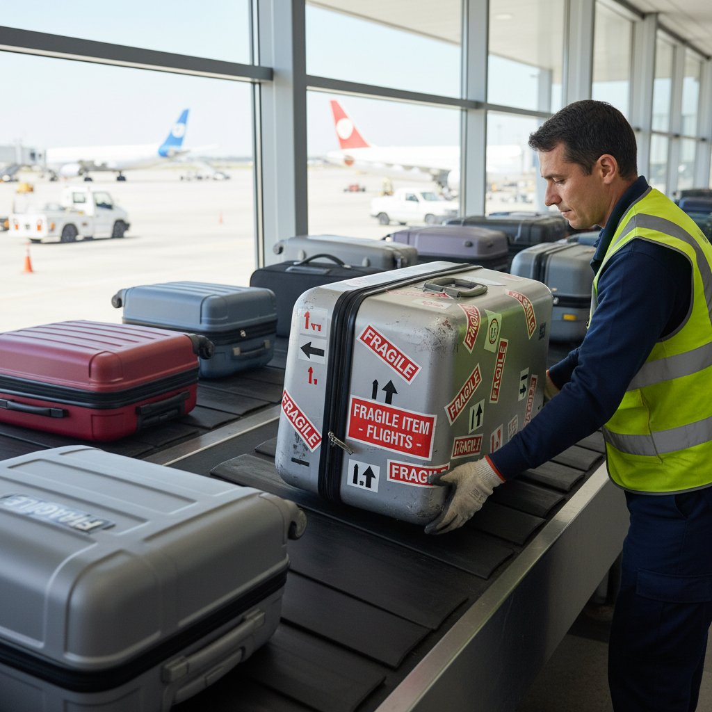 A baggage handler’s view of a suitcase with a bright fragile sticker among piles of standard luggage, airport tarmac background