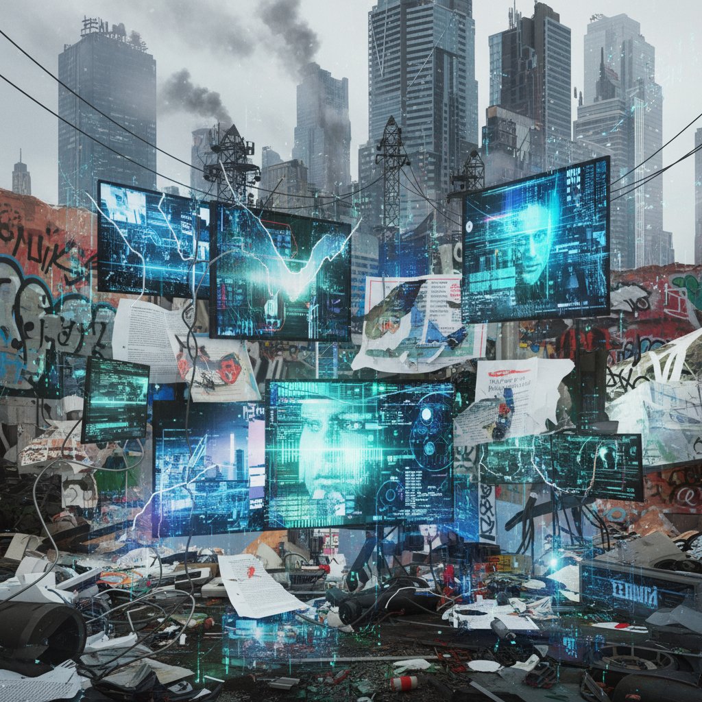 Fragmenty dokumentów i ekrany cyfrowe splecione w chaotycznej, miejskiej scenerii – metafora nadmiaru informacji i podsumowań