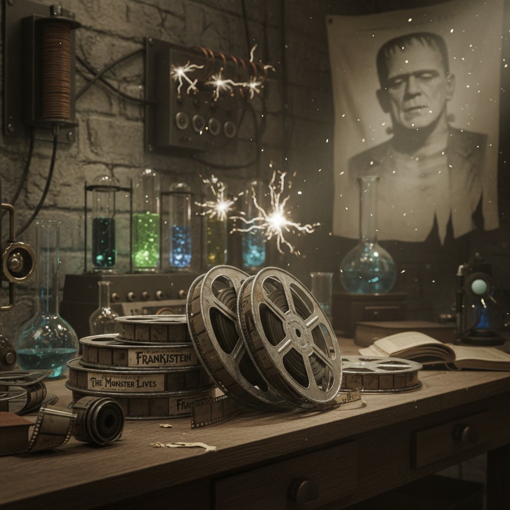 Moody photo of a Frankenstein monster figure surrounded by vintage film reels and neon-lit laboratory props—classic and modern styles collide