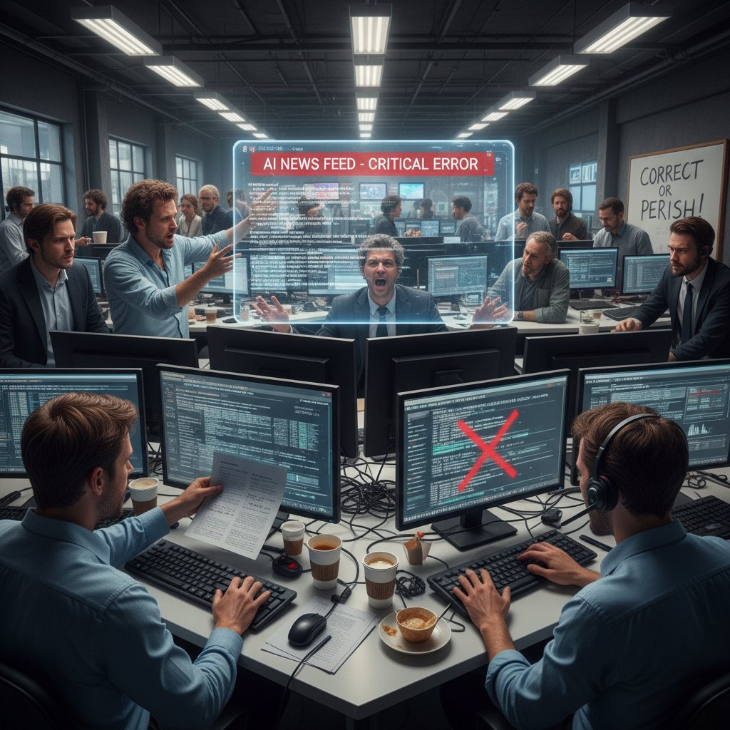 Editors reviewing AI-generated news for errors, visible tension and urgency in an automated newsroom