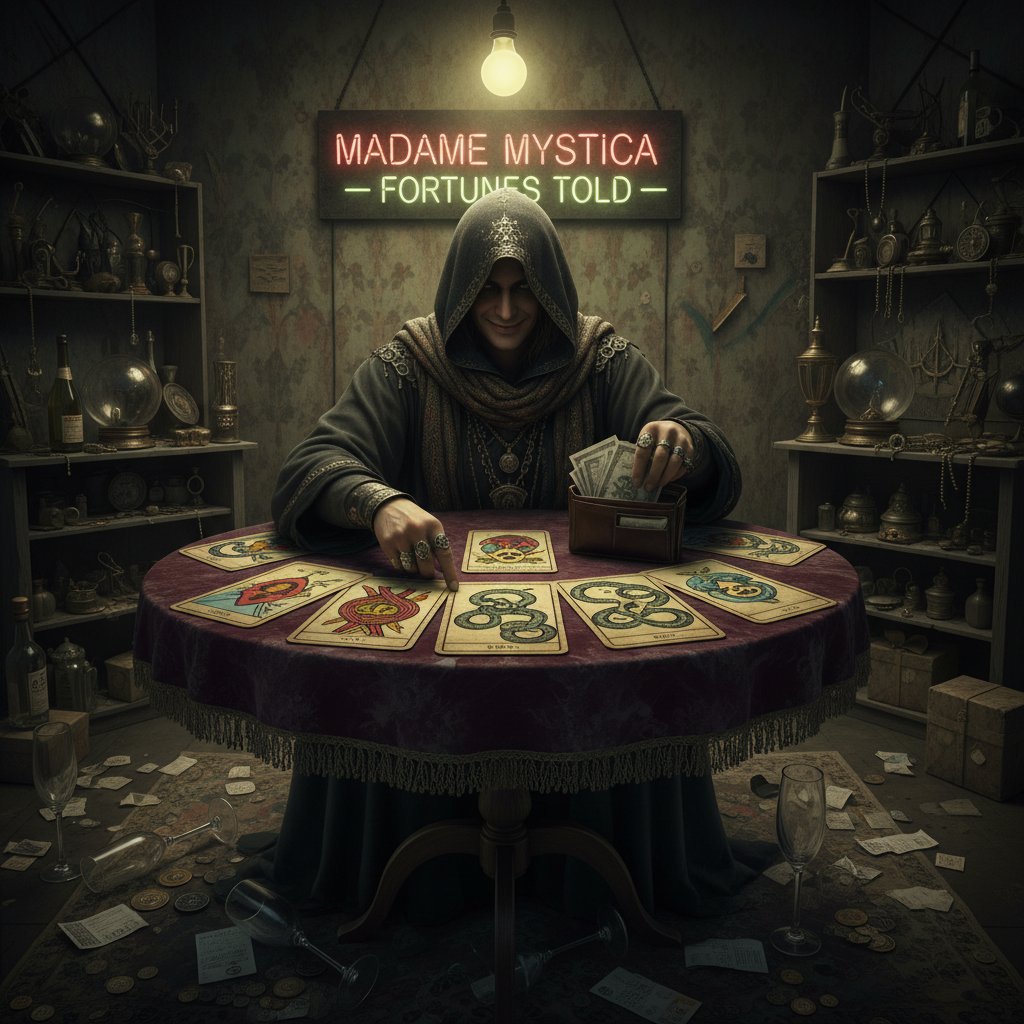 Nieuczciwy tarocista w cieniu, pieniądze na stole, atmosfera podejrzliwości