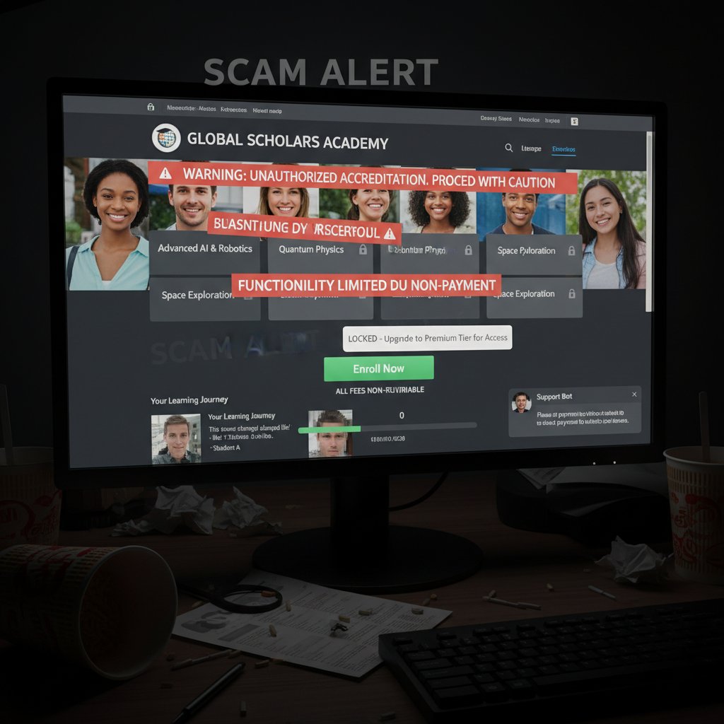 Nieuczciwa platforma edukacyjna, zbliżenie na ekran z ostrzeżeniami i zablokowanymi funkcjami