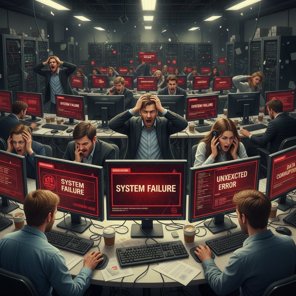 Zmęczeni pracownicy otoczeni ekranami i komunikatami o błędach – chaos automatyzacji w dużej firmie