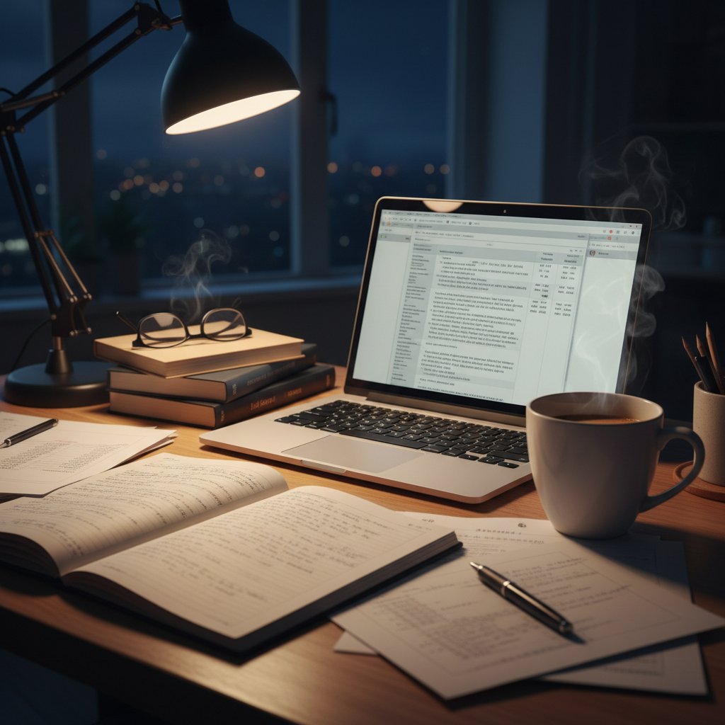 Shadowy freelance academic writer working late with research notes and coffee