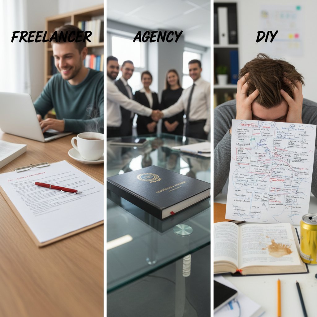 Editorial split image of freelancer, agency, and DIY academic proofreading scenarios, contrasting moods and outcomes