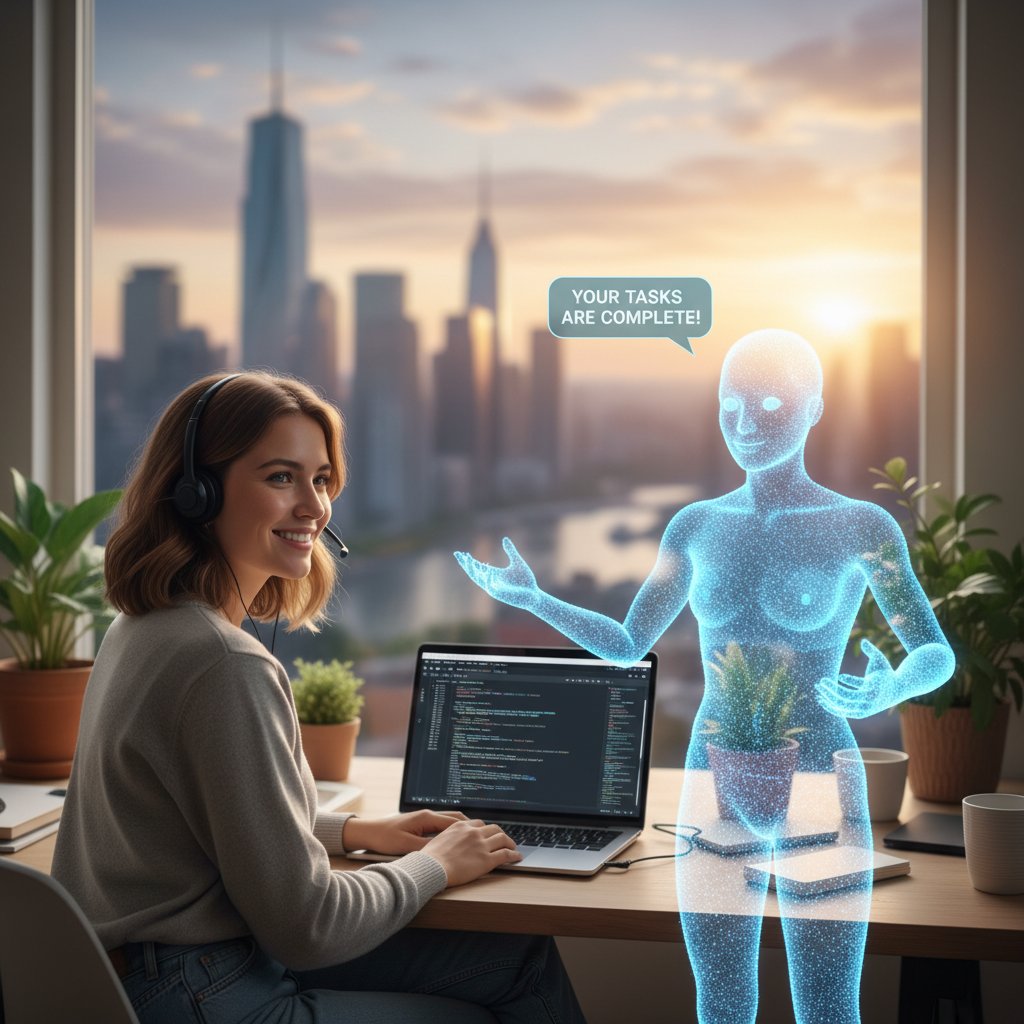 Freelancer korzystający z wirtualnego asystenta: nowoczesne biurko, laptop, na ekranie aplikacja AI, w tle domowe wnętrze