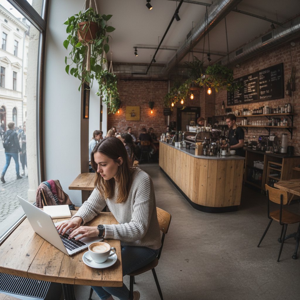 Freelancer w kawiarni pracujący przy laptopie, kubek kawy i notatki na stole