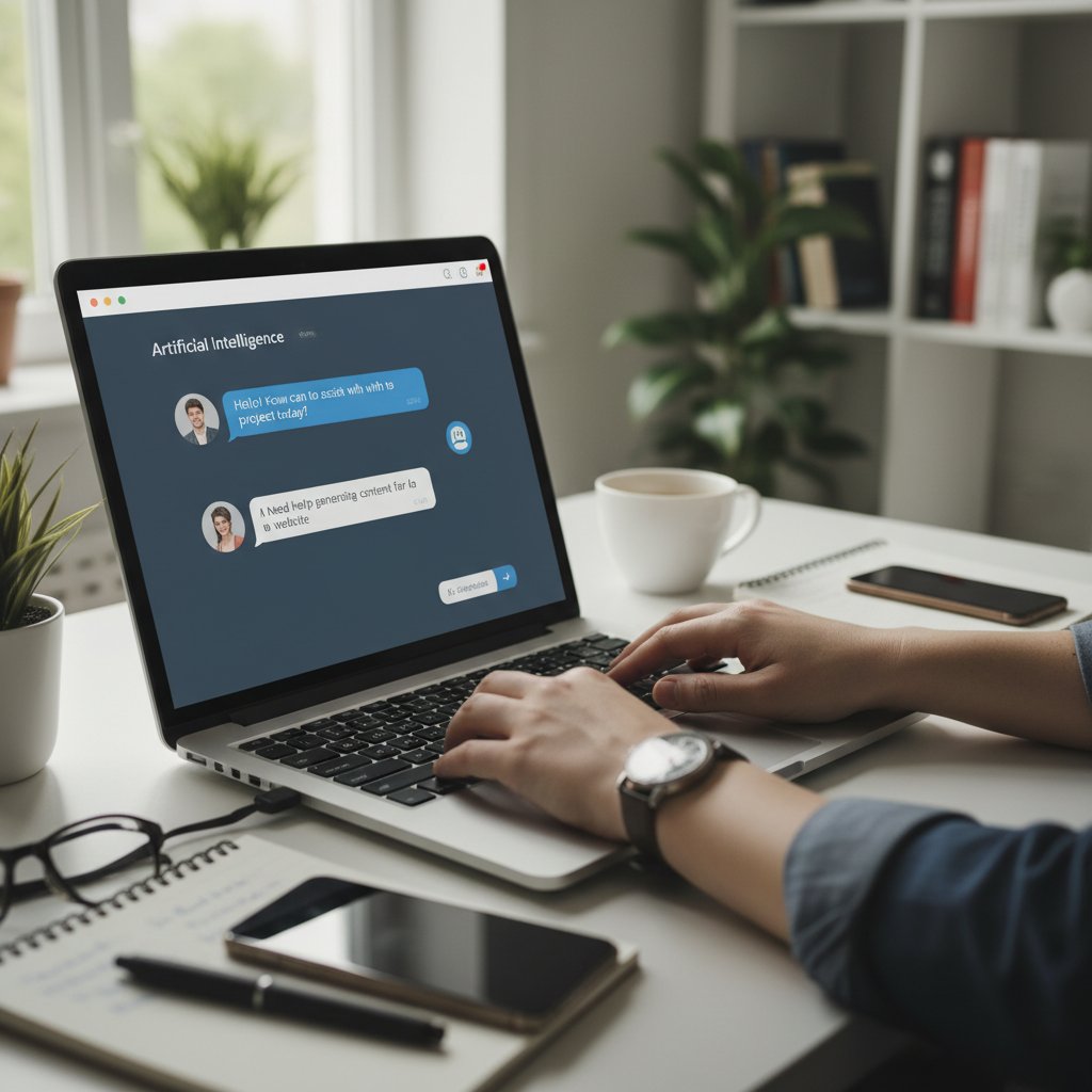 Freelancer przy komputerze pracujący nad tekstem, z widocznym oknem czatu AI